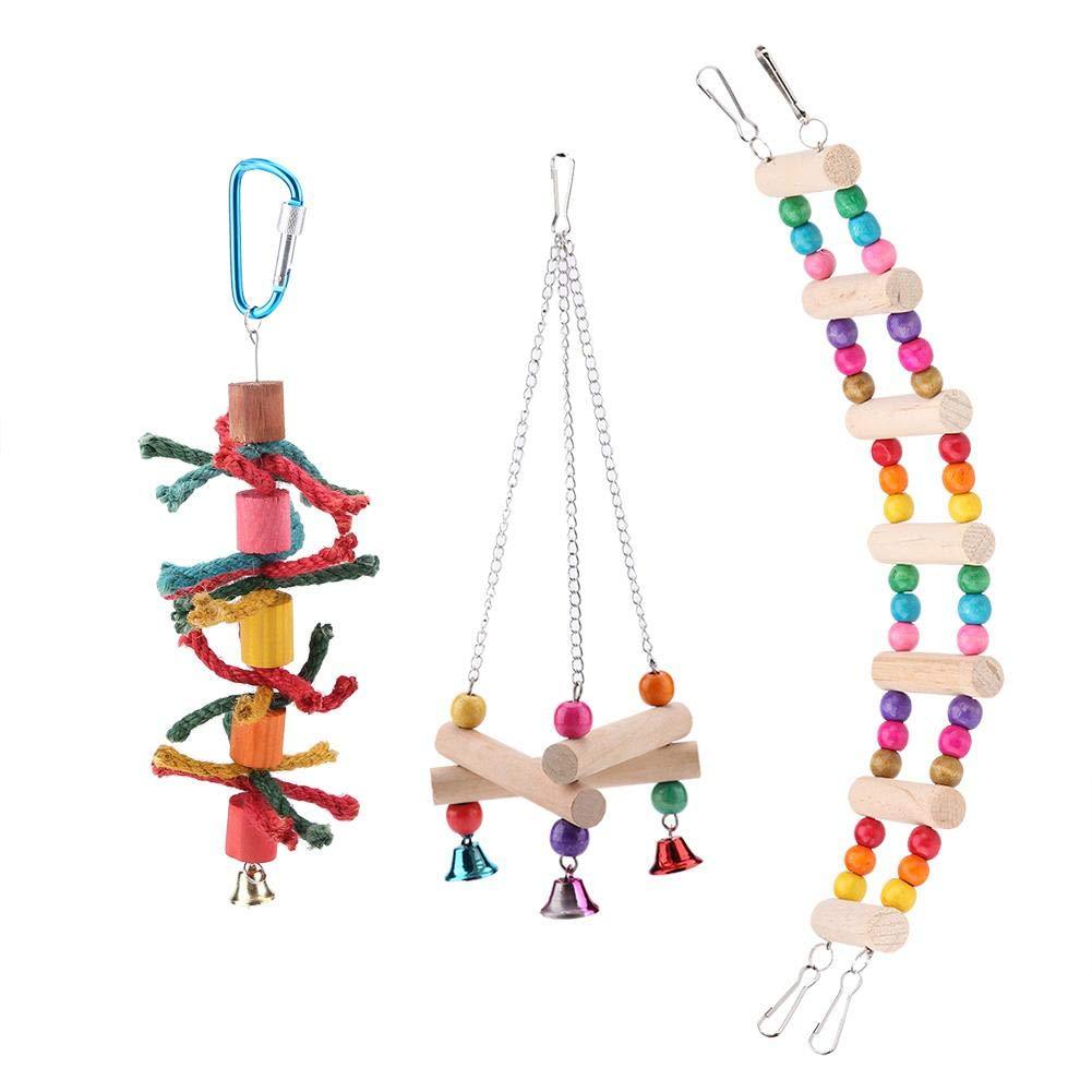 Parrot Toys, 3pcs/set Colorful Wood Pet Bird Toy Parrot Triangle Stand Rack Hanging Ladder Chewing Swing Toy Cage Accessory for Macaws Parakeets Conures Cockatiels - PawsPlanet Australia