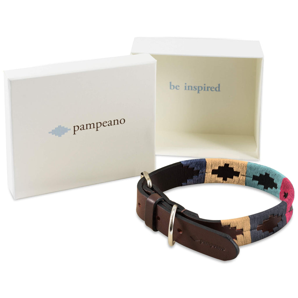 Navidad Premium Argentine Leather Handcrafted Polo Dog Collar - Gift Boxed by pampeano | Collars for all Breeds | 1.5cm Wide, Top Grain Brown Leather Stainless Steel Buckle - XXS/ 35cm - PawsPlanet Australia
