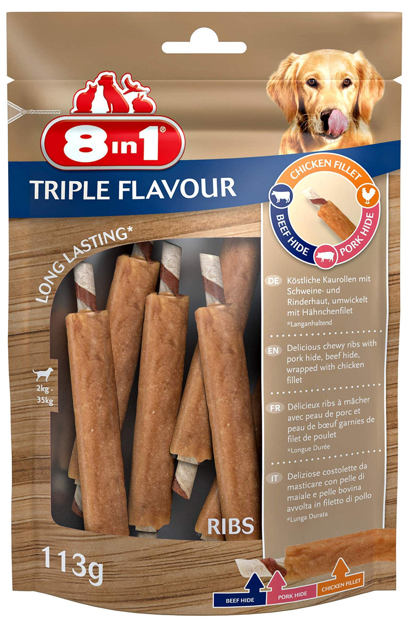 8in1 Triple Flavor Wings Chew Snack 6 Pieces Wrapped with Chicken Fillet, 1 Pack (113 g) Ribs - PawsPlanet Australia