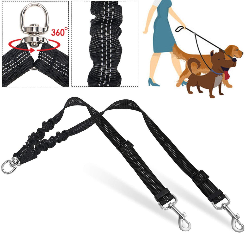 Nasjac Double Dog Leash Lead, Dual Dogs Lead Splitter 360° Rotation No Tangle, Reflective Adjustable Length 2 Dogs Coupler, Comfortable Shock Absorbing Bungee for Dogs Daily Walking Training Black - PawsPlanet Australia