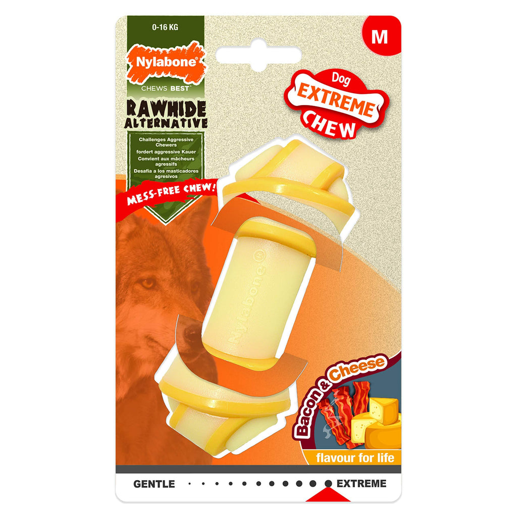 Nylabone Extreme Tough Dog Chew Toy Rawhide Knot Alternative, Mess-Free, Bacon & Cheese Flavour, M, for Dogs Upto 16 kg Medium - PawsPlanet Australia