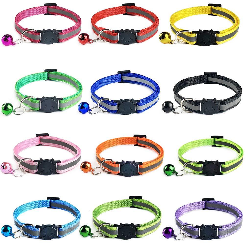 Tafeiya 12 PACK Reflective Cat Collars Quick Release Safety Buckle with Bell Adjustable19-32cm (Multi-colored) 12 Multi-colored - PawsPlanet Australia