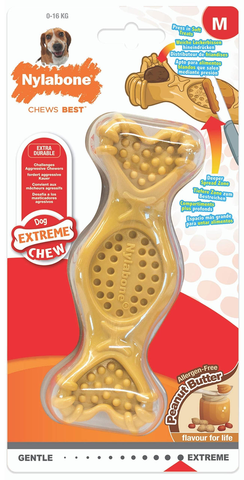 Nylabone Extreme Tough Dog Chew Toy Bone, Fill with Favourite Treats, Peanut Butter, M, for Dogs Up to 16 kg - PawsPlanet Australia