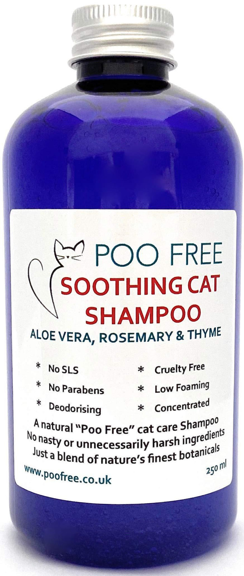 POO FREE Natural SOOTHING SHAMPOO FOR CATS - ALOE VERA, THYME & ROSEMARY - 250ml No Sulfates, No Parabens, No Silicones. Soothes, Relieves Itchiness, Eliminates Germs and Smells. Concentrated. - PawsPlanet Australia