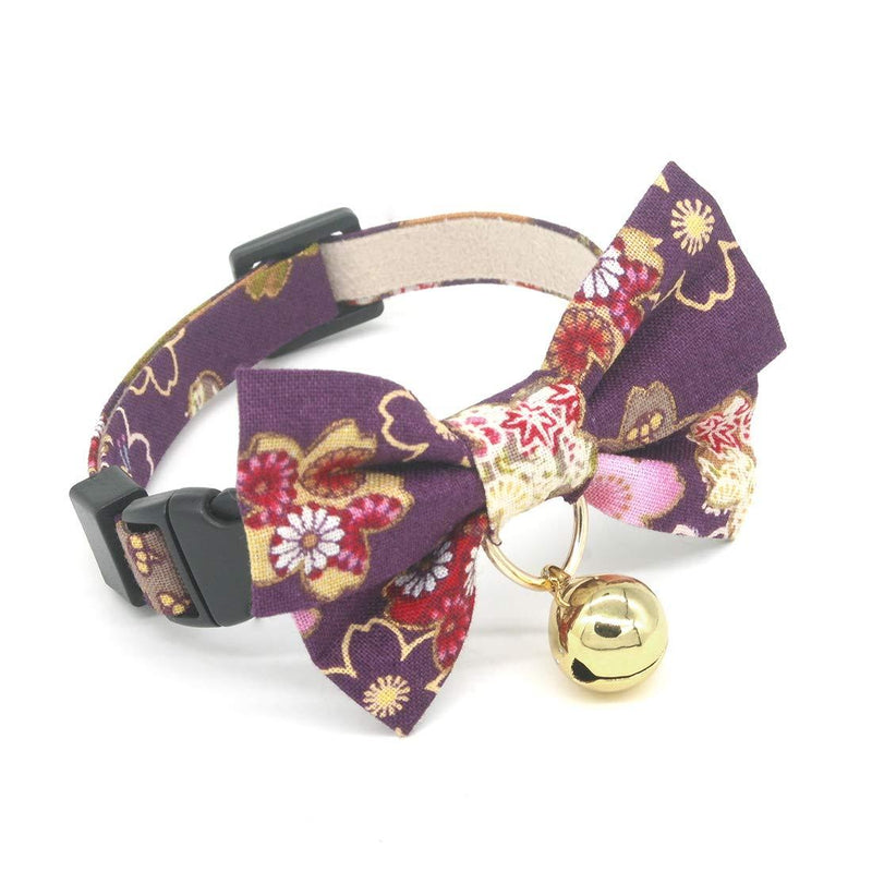 PetSoKoo Double Bowtie Cat Collar With Bell.Colorful Sakura Kimono Style.100% Cotton.Safety Breakaway.Light Weight,Soft,Durable. Small (6-9.5 inch,16-24cm) Purple - PawsPlanet Australia