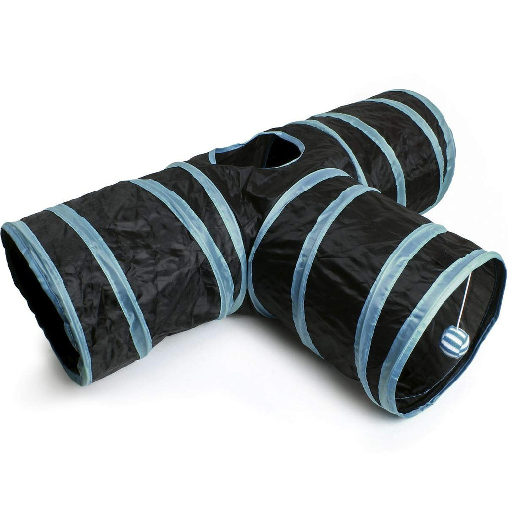 iGadgitz Home U6979-3 Way Cat Tunnel Collapsible Pet Tunnel Interactive Rabbit Tunnel with Hanging Ball - Indoor/Outdoor - Black/Blue Trim - PawsPlanet Australia