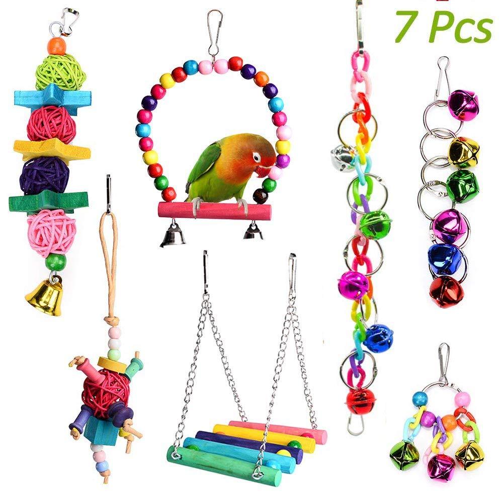 [Australia] - ACEONE Bird Toys Parrot Swing Toy with Colorful Wooden Beads Bells and Pet Bird Cage Hammock Hanging Chew Toys for Small Parakeets Cockatiels, Conures, Macaws, Lovebirds, Finches 7PCS Parrot Toys 