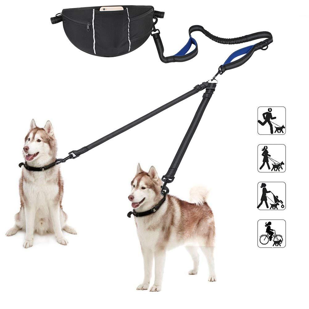 YOUTHINK Dual Dog Lead, Adjustable Waist Belt with Pouch, 360°No Tangle Hands Free Pet Dog Leash Absorb Shock Dual Padded Handles for 2 Dogs Handsfree Running Jogging or Walking with Bonus Waste Bag Pouch - PawsPlanet Australia