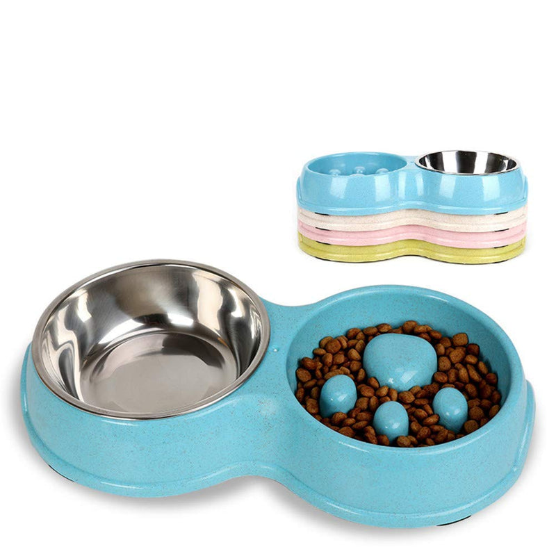 Tineer Double Pet Dog Slow Feeder Bowl,Stainless Steel Anti-choke Puppy Food and Water Feeder for Dog Cats (Blue) Blue - PawsPlanet Australia