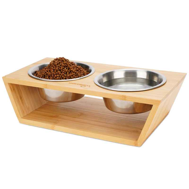 Wantryapet Elevated Dog Bowl Holder, 4 Inches with 2 Stainless Steel Bowls, Bamboo Raised Food and Water Stand Pet Feeder with Steady Base, Perfect for Small Dogs & Cats L - PawsPlanet Australia