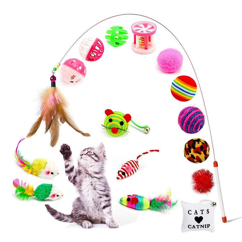 Amasawa Cat Toy Set,16 Piece Cat Toys Indoor Catnip Toy Cat Ball Cat Feather Stick Interactive Cat Toy Indoor Suit Cat, Wrinkle Rainbow Ball and Bell Indoor Puppy Toy - PawsPlanet Australia