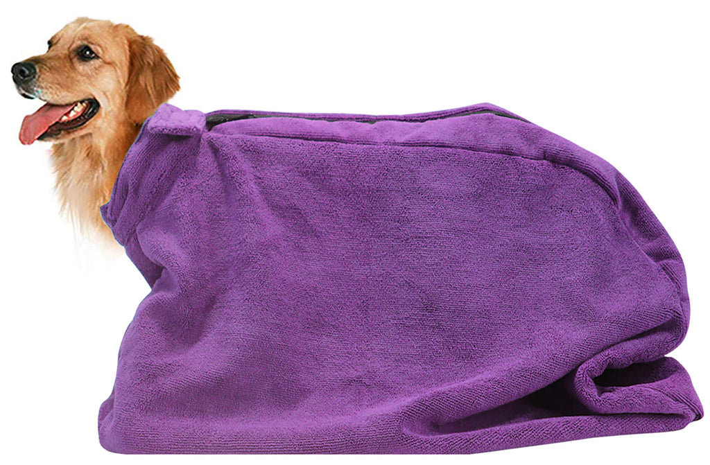 Premium Microfiber Dog Drying Bag - Quickly Removes Water Mud and Dirt - Extra Absorbent Towel Solution with Durable Hook and Loop Neck Strap-Purple-XS XS Purple - PawsPlanet Australia