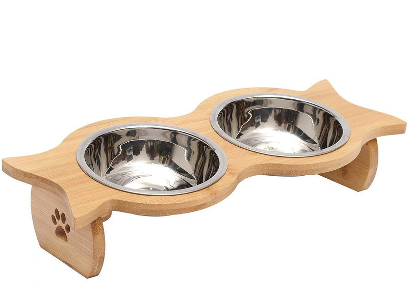Pethiy Cat Bowls with Wooden Stand Cat bowl with fish tail shape with Stand Pet Dining Table Pet Bowls for Cats, Dogs, Kitten, Puppy-Double Bowls - PawsPlanet Australia