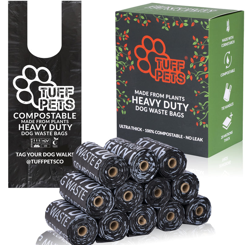 Tuff Pets Plant Based 50% Stronger Compostable Dog Poo Bags with Tie Handles on a Roll | 12 Dispenser Refill Rolls |Thick Biodegradable Doggy Waste Bags - PawsPlanet Australia