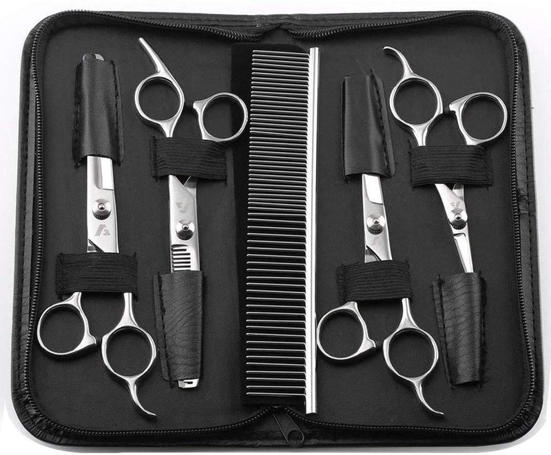 DONYKARRY Pet Grooming Scissors Kit, 5 PCS Rounded Tips Curved Pet Grooming Shears For Cats Dogs Stainless Steel Scissor With Combs Trimmer Kits For Body Face Ear Nose Paw - PawsPlanet Australia