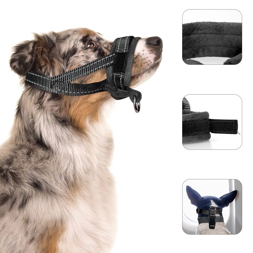 Nasjac Dog Muzzles, Adjustable Soft Muzzle for Dogs with Comfort Flannel Padded to Prevent Biting, Breathable Anti Bark Muzzle Stop Dogs Chewing and Eating Rubbish for Training Large Medium Dogs M Black - PawsPlanet Australia