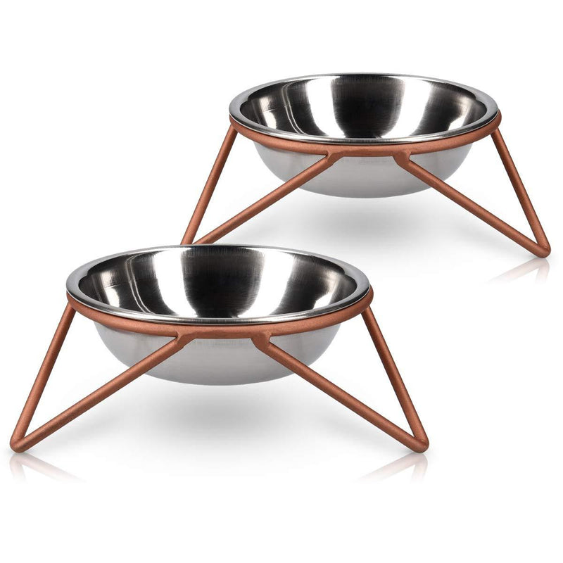 Navaris Stainless Steel Pet Bowls - Set of 2 Small Drinking and Feeding Dishes (350ml Each) for Dogs and Cats with Copper Finish Stands - 63mm Tall 2x S - PawsPlanet Australia