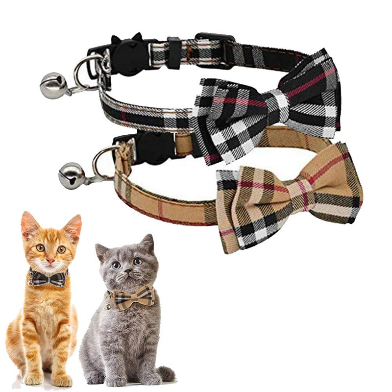 kingkindsun Quick Release Cat Collar with Bell and Bow Tie, Cute Plaid Patterns, 2 Pack Safety cat Collars (Black + Brown) Black+Brown - PawsPlanet Australia