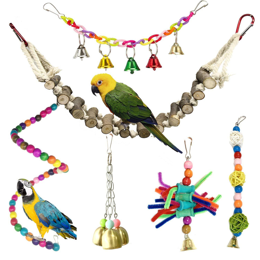 PietyPet Bird Parrot Toys for Cages, Naturals Wooden Birdcage Ladders, Colorful Chewing Hanging Swing Pet Bird Toy with Bells, Rope Perch for Small Birds, 6pcs - PawsPlanet Australia