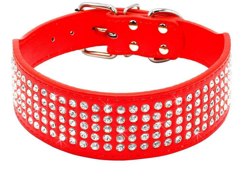Glittel Dog Collar Large Small Medium Dogs Leather with 5-row Rhinestone and Anti-lost Number Pendant red gold black silver pink purple XXS XS S M L - PawsPlanet Australia