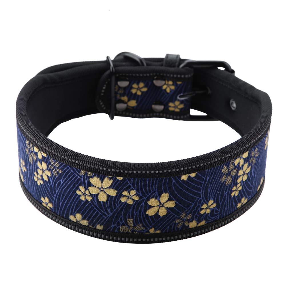 Pet Collar Nylon Adjustable Reflective Buckle Dog Collar Dog Training Collar with Soft Padding for Medium and Large Dogs(Navy Blue+Flowers M) Navy Blue+Flowers M - PawsPlanet Australia