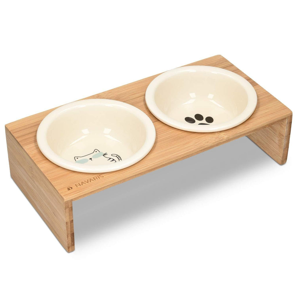 Navaris Ceramic Cat Bowls with Stand - Raised Food and Water Bowl Set for Cats on Elevated Wooden Riser - Eco-Friendly Cat and Paw Design - 2 Bowls S - PawsPlanet Australia