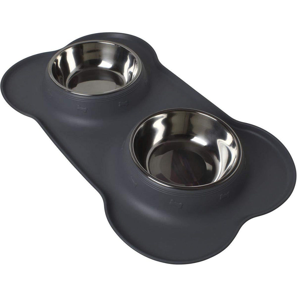 iGadgitz Home U7021 - Silicon Double Pet Bowl Mat and 2 x Stainless Steel Pet Bowls - Non Slip/Anti- Spill Pet Food Bowl Mat, Twin Pet Food Tray - Small/Medium Sized Pets - Grey - One Size - PawsPlanet Australia