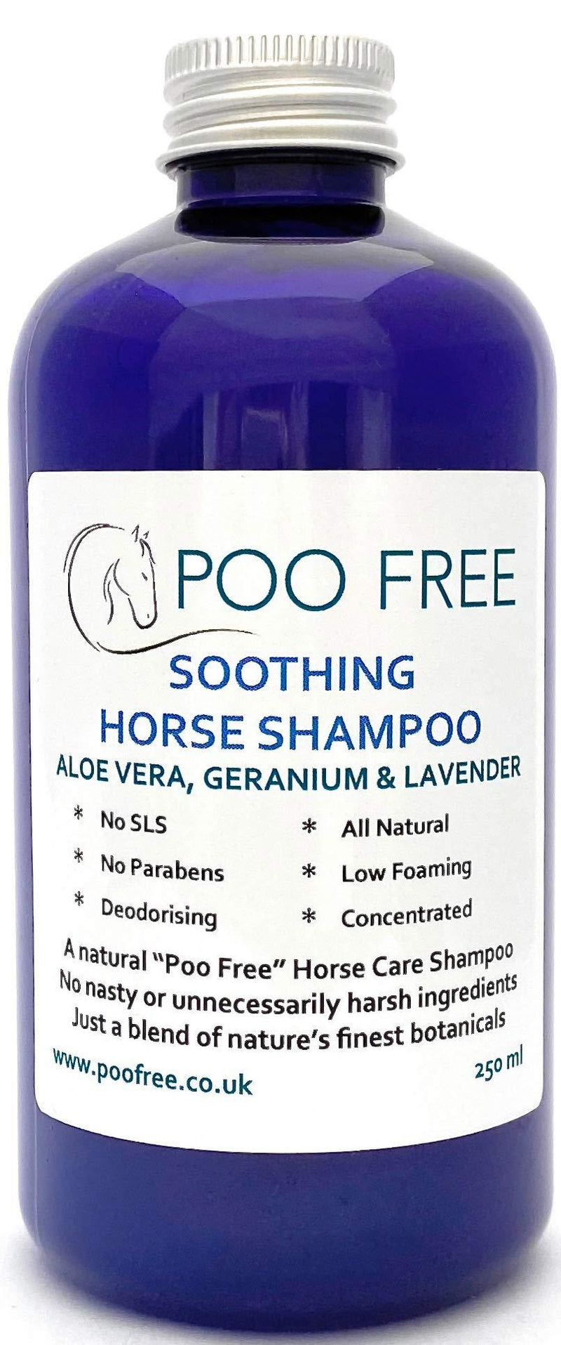 POO FREE Natural SOOTHING HORSE SHAMPOO - ALOE VERA, GERANIUM & LAVENDER - 250ml No Sulfates, No Parabens, No Silicones. Soothes, Relieves Itchiness, Eliminates Germs and Smells. Concentrated. - PawsPlanet Australia