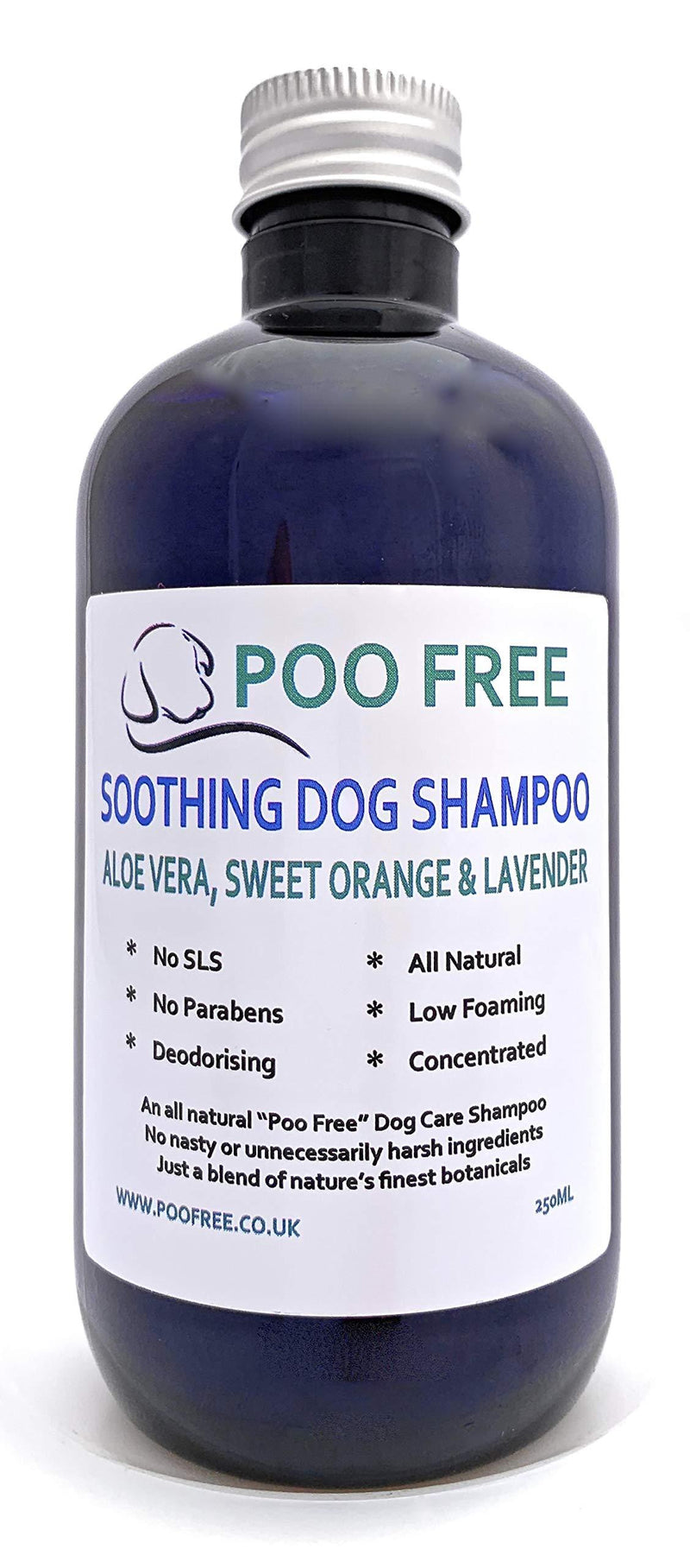 POO FREE Natural SOOTHING DOG SHAMPOO - ALOE VERA, ORANGE & LAVENDER - 250ml No Sulfates, No Parabens, No Silicones. Soothes, Relieves Itchiness, Eliminates Germs and Smells. Concentrated. - PawsPlanet Australia