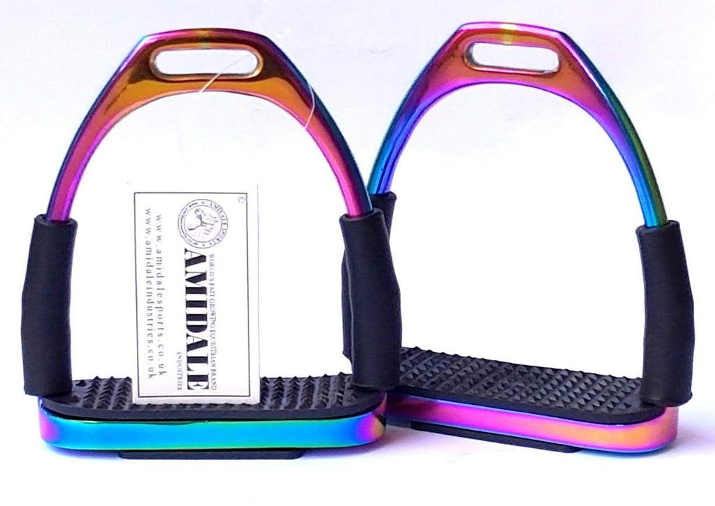 Amidale RAINBOW FLEXI SAFETY STIRRUPS HORSE RIDING BENDY IRONS S. STEEL BNWT 4.00 INCHES AND 4.75 INCHES (4.75 INCHES) - PawsPlanet Australia