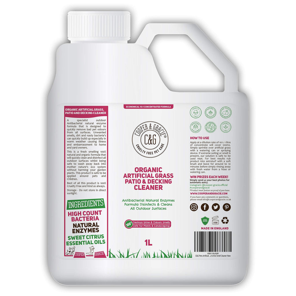 C&G Pets | Organic Artificial Grass, Patio And Decking Cleaner | Destroys Pet Cat Dog Urine Smells | Antibacterial Natural Enzymes Disinfectant Will Totally Destroy Outdoor Urine Stains 1 Litre 1 l (Pack of 1) - PawsPlanet Australia