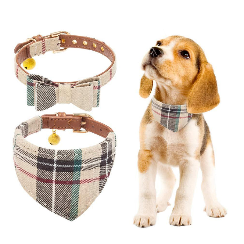 BINGPET 2 Pack Adjustable Bowtie Small Dog Collar and Plaid Bandana Collar with Bell for Puppy Dogs Cats - PawsPlanet Australia