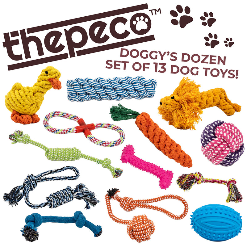Doggy's Dozen – 13 Pack Set of Dog Toys and Ropes. Toys for Independent & Interactive Play. Ropes for Teething & Cleaning. A Bespoke set of Toys & Ropes. - PawsPlanet Australia