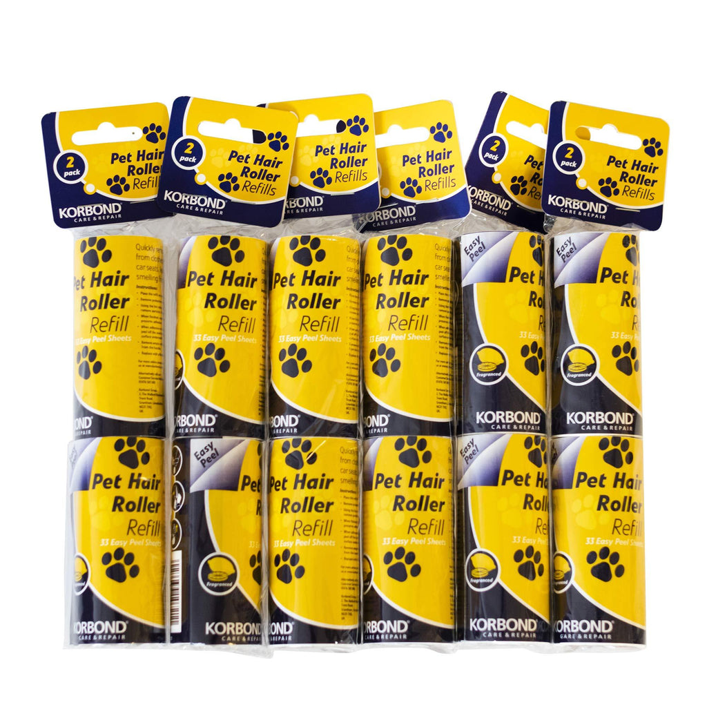 Korbond 12 Pack of 9.8m PET SAFE Lint Roller REFILLS– 396 Sticky Pre-Cut CITRUS SCENTED Sheets- Suitable for ALL FABRIC TYPES - Removes Pet Hair from Furniture and Clothes - Leaves NO RESIDUE x 6 Twin Packs Refill Single - PawsPlanet Australia