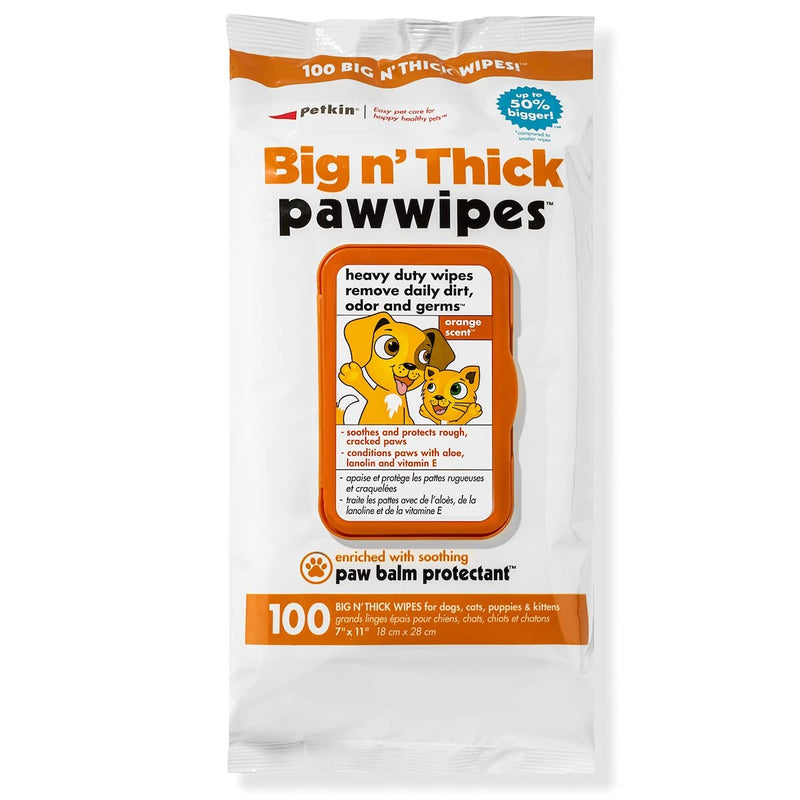 Petkin Big N' Thick Paw Wipes, 100 Orange Scented Wipes - Heavy Duty Pet Paw Wipes Remove Daily Dirt & Odors - Enriched with Soothing Paw Balm - Easy to Use Pet Wipes for Dogs, Cats, Puppies & Kittens - PawsPlanet Australia