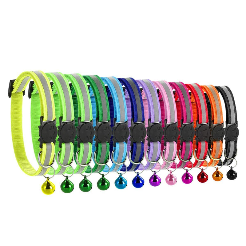 12 PACK Reflective Cat Collars Safety Quick Release Buckle with Bell- Pet Cat Kitten Collar Adjustable 19-32cm colorful - PawsPlanet Australia