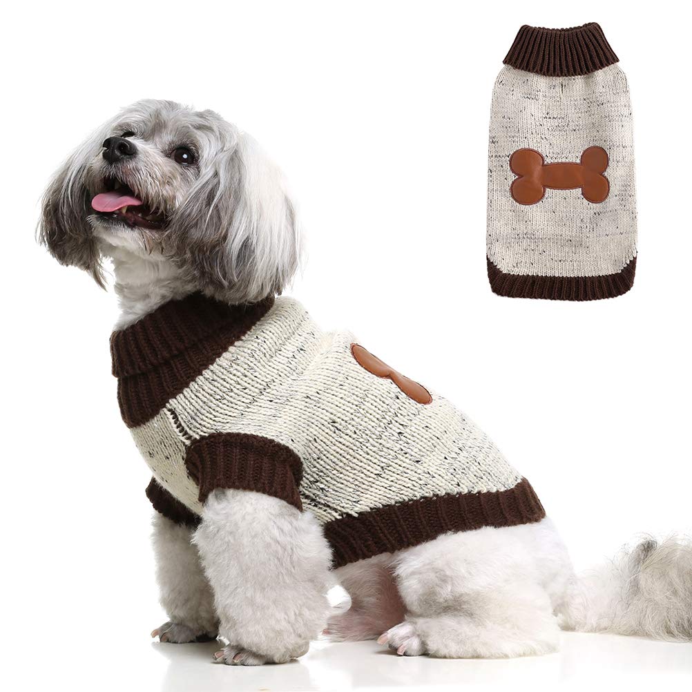 BINGPET Dog Jumpers Christmas Turtleneck Sweaters Xmas Gift Brown Bone Pattern, Puppy Winter Warm Cloth for Small Medium Large Dogs S (Pack of 1) - PawsPlanet Australia