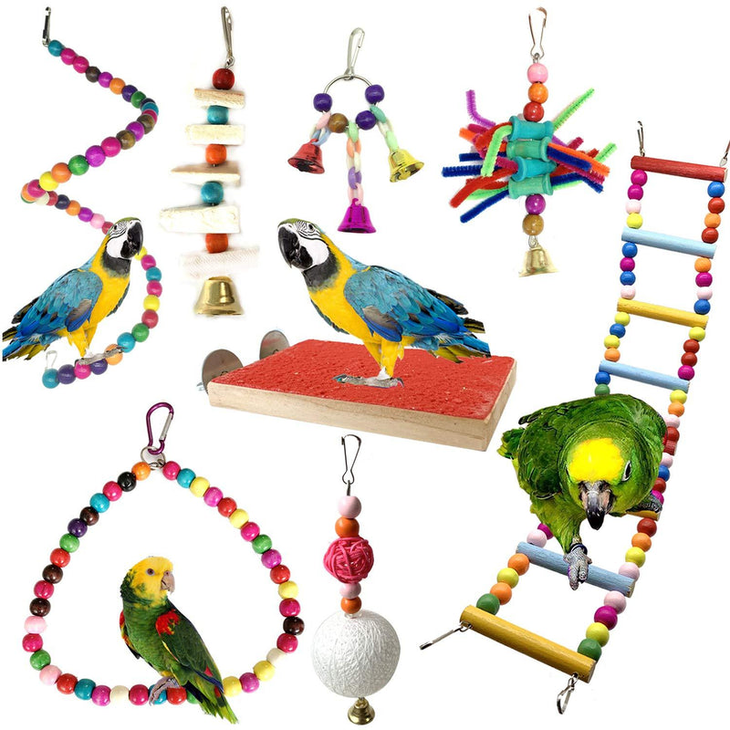 PietyPet Bird Cages Accessories, 8pcs Colorful Bird Perch Stand Platform, Wooden Ladders Hammock, Swings Bird Parrot Toys with Bells for Small and Medium Birds Parrots - PawsPlanet Australia