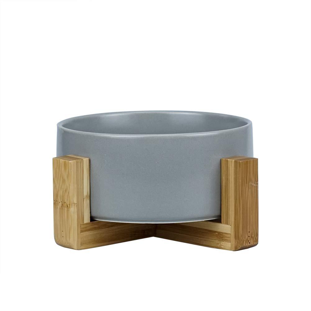 HCHLQLZ Grey Ceramic Cat Bowl with Wood Stand No Spill Pet Food Water Feeder Cats Small Dogs - PawsPlanet Australia