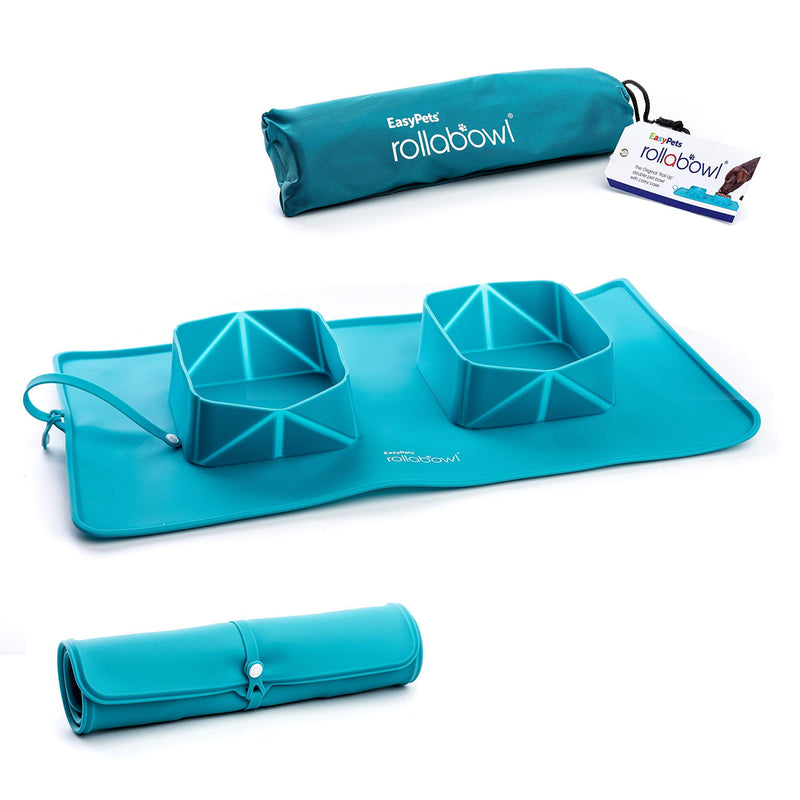 RollaBowl Travel Dog Bowl with Carry Case. Portable Double 'Roll-Up' Pet Bowl and Mat, For Cat or Dog. Perfect for Home, Travel, Walks and Camping (Turquoise) Turquoise - PawsPlanet Australia