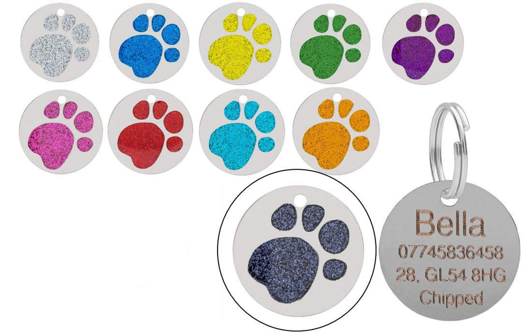 JK Personalised Engraved Round Glitter Paw Print Dog/Cat Pet ID Tag Small/Large (32mm - Large, Black) 32mm - Large - PawsPlanet Australia