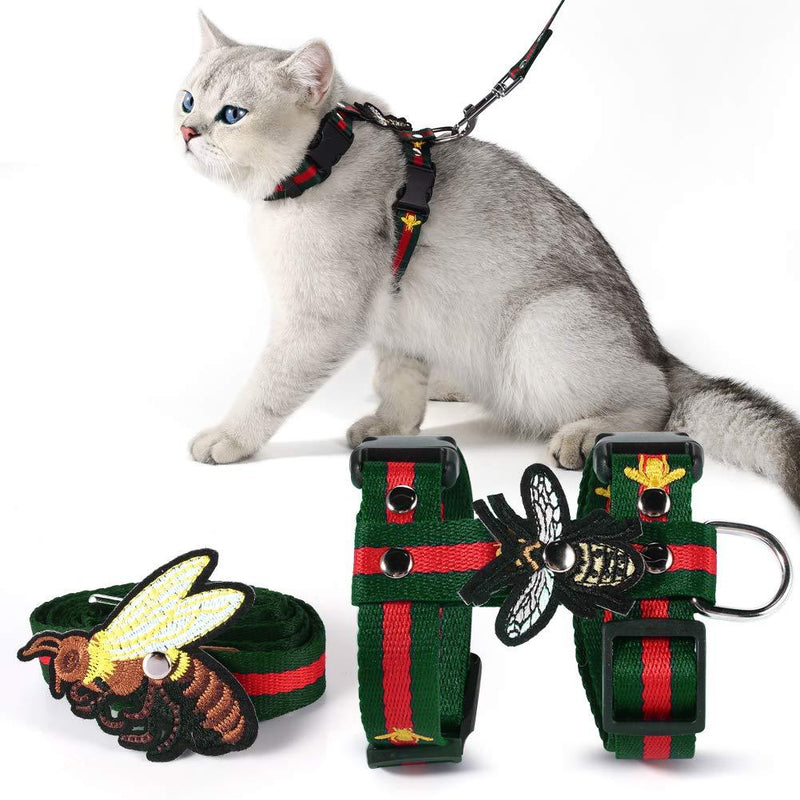 Cat Harness with Leash Set- Adjustable Embroidered Bee H Style Harness and Leash for Walking (M, Green) M - PawsPlanet Australia