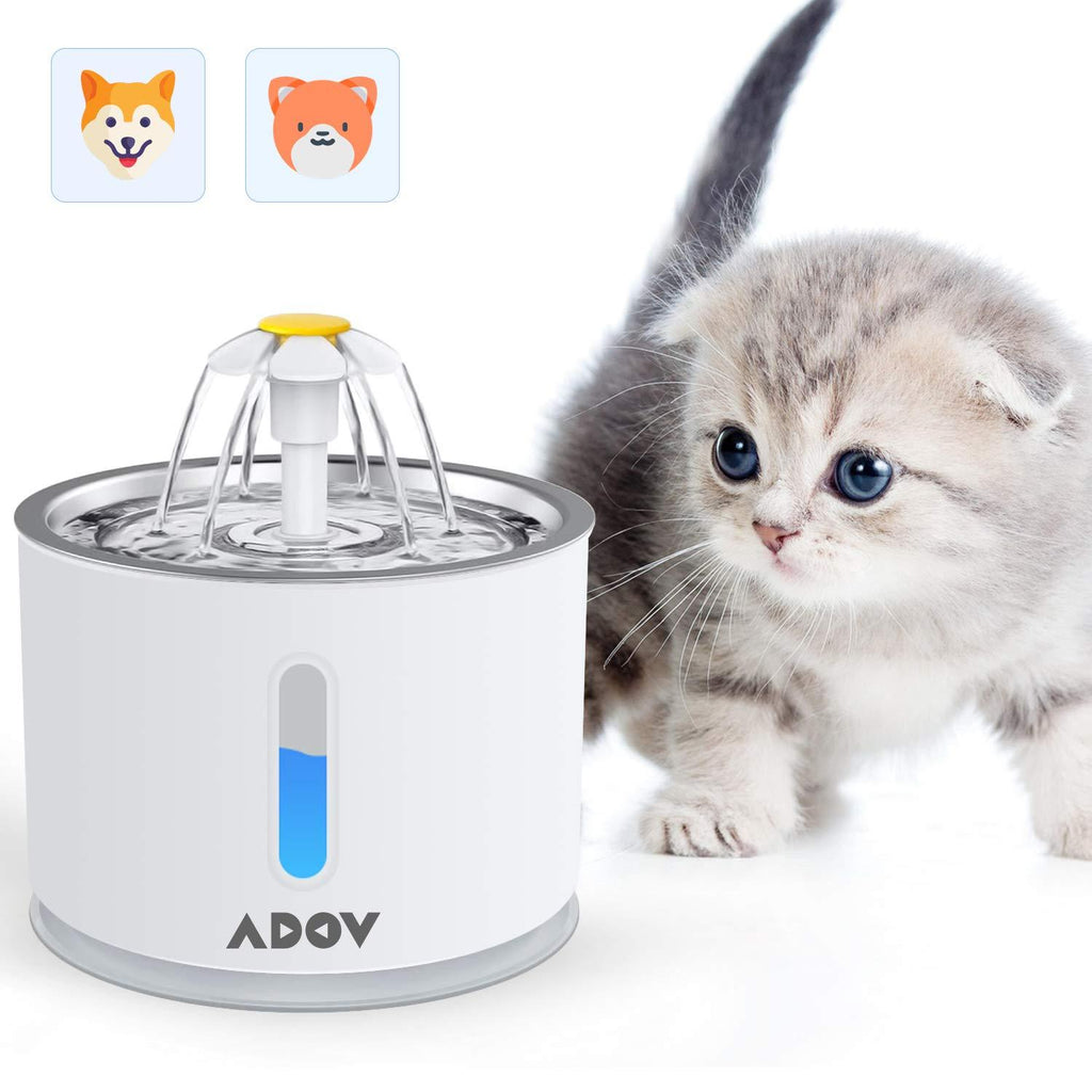 ADOV Cat Water Fountain, 2.4L Stainless Steel Top Flower Style Pet Water Dispenser with Water Level Window and Replaceable Filter, Automatic Electric Cat Drinking Fountain for Cats Dogs Small Animals White - PawsPlanet Australia