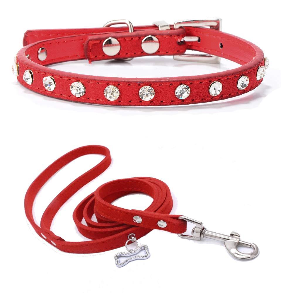 BT Bear Small Pet Collar,Bling Bling Rhinestone Adjustable Soft Leather Cat Collars Small Dog Collar with Leads for Cats Puppy Small Dogs,XS 30 * 1.0cm, Red XS: 30*1.0cm - PawsPlanet Australia