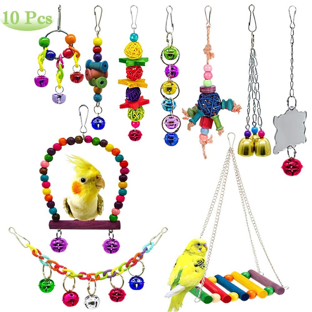 AUHOTA 10Pcs Bird Parrot Toys, Hanging Swing Chewing Perches with Bells Parrot Finch Toys, Hanging Cage Hammock Ladder Bell Toys for Small Parakeets Cockatiels, Conures, Macaws, Love Birds, Finches - PawsPlanet Australia