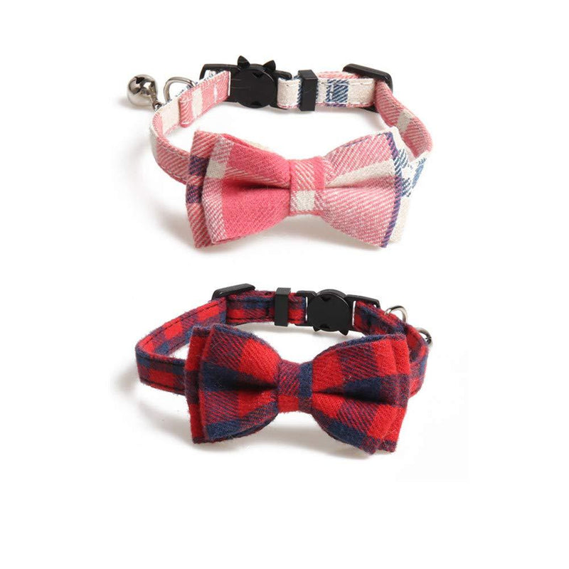 Yih Vane 2Pcs Bow Tie and Classic Plaid Cat Collar with Bell Adjustable Collar for Cat - Red & Pink - PawsPlanet Australia