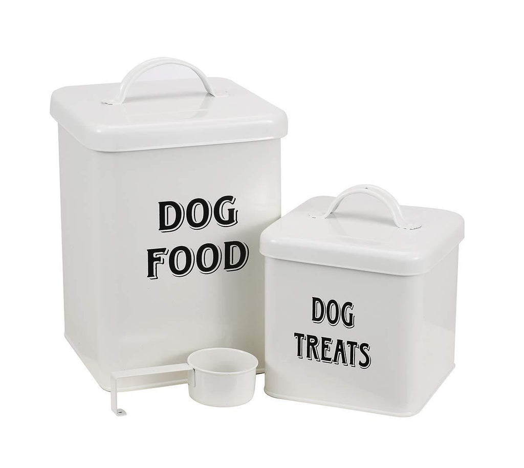 Pethiy Dog Food and Treats Containers Set with Scoop for Dogs-Vintage White Powder-Coated Carbon Steel - Tight Fitting Lids - Storage Canister Tins Small-White - PawsPlanet Australia