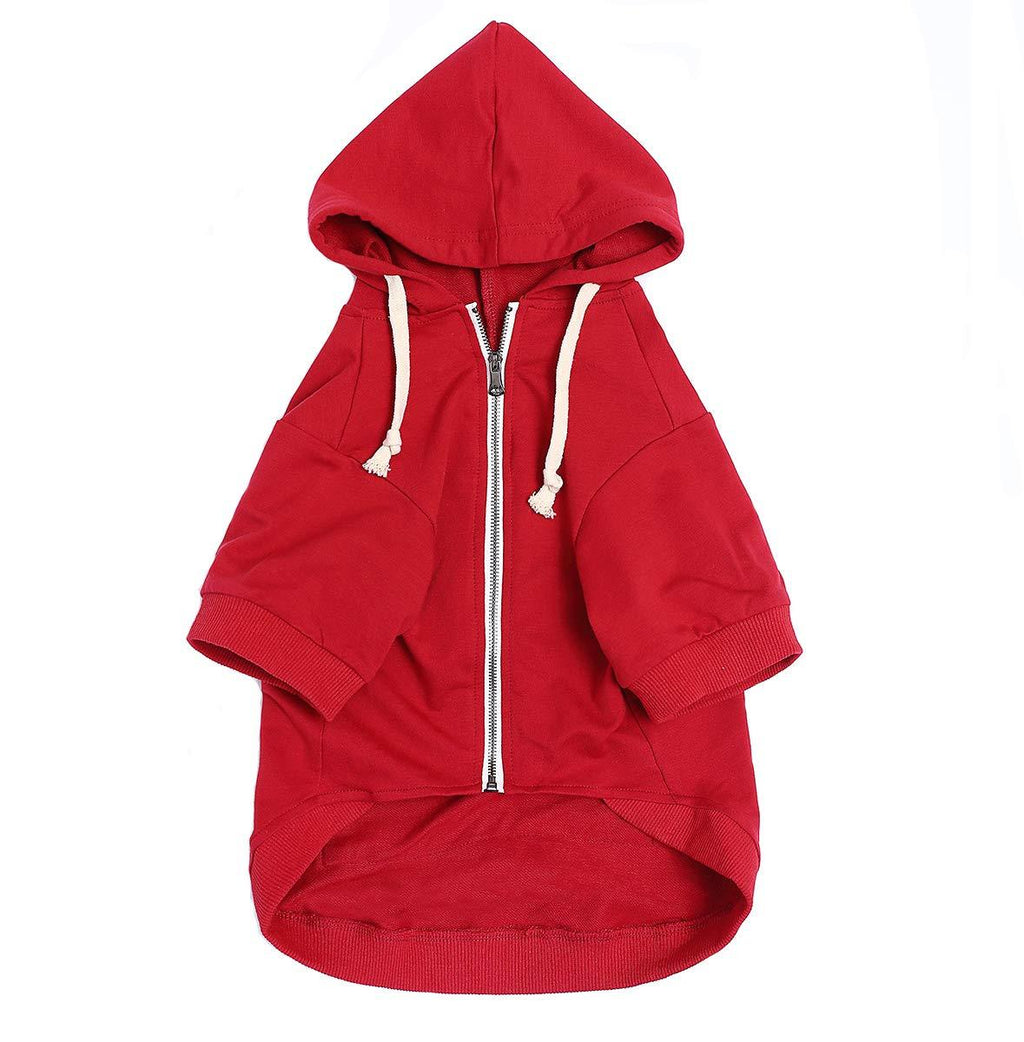 Pethiy Zip Up Red Dog Hoodie with Hook & Loop Pockets and Adjustable Drawstring Hood - Available in Extra Small to Extra Large - Comfortable & Versatile Dog Hoodies -Red -XS XS - PawsPlanet Australia