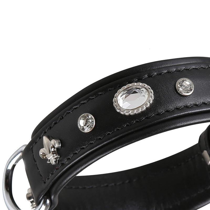 MICHUR Gala Dog Collar Leather, Leather Collar Dog, Collar, Black, LEATHER, with lilies, rhinestones and large crystal Neck circumference 12,20-14,17" - PawsPlanet Australia