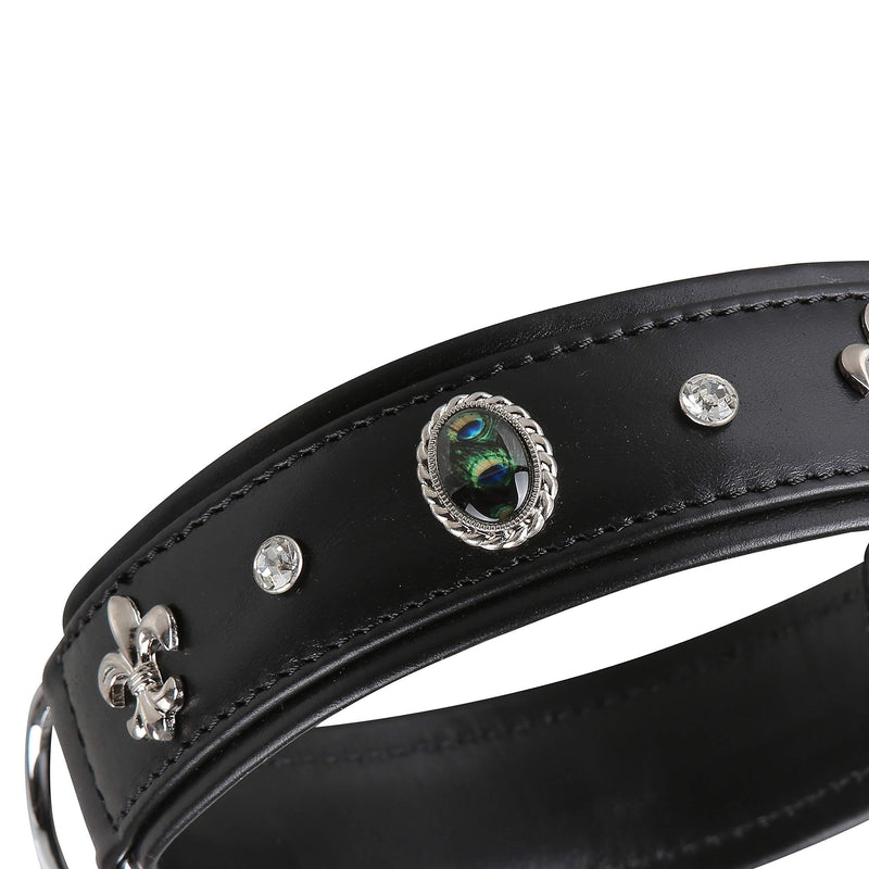 MICHUR El Pavo Dog Collar Leather, Leather Collar Dog, Collar, Black, LEATHER, with lilies, rhinestones and big peacock eye Neck circumference 20,47-22,83" - PawsPlanet Australia